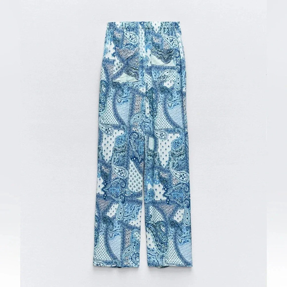 ZARA PAISLEY PRINT BLUE WHITE WIDE LEG PANTS - Picture 1 of 8